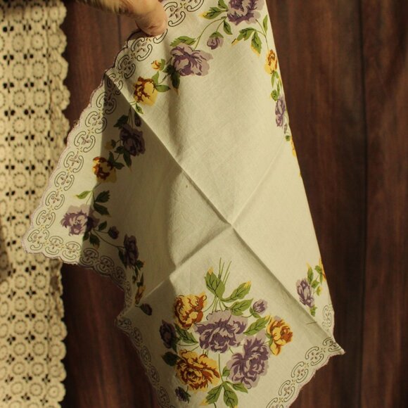 Vintage Handkerchief, Purple and Yellow Roses Flower Print Cotton Hankie - Picture 11 of 12